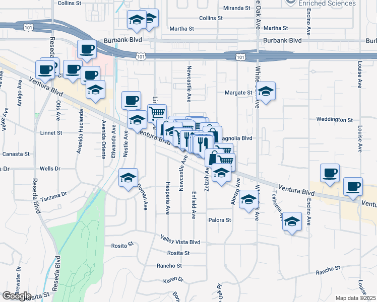 map of restaurants, bars, coffee shops, grocery stores, and more near Ventura Blvd & Newcastle Ave in Los Angeles