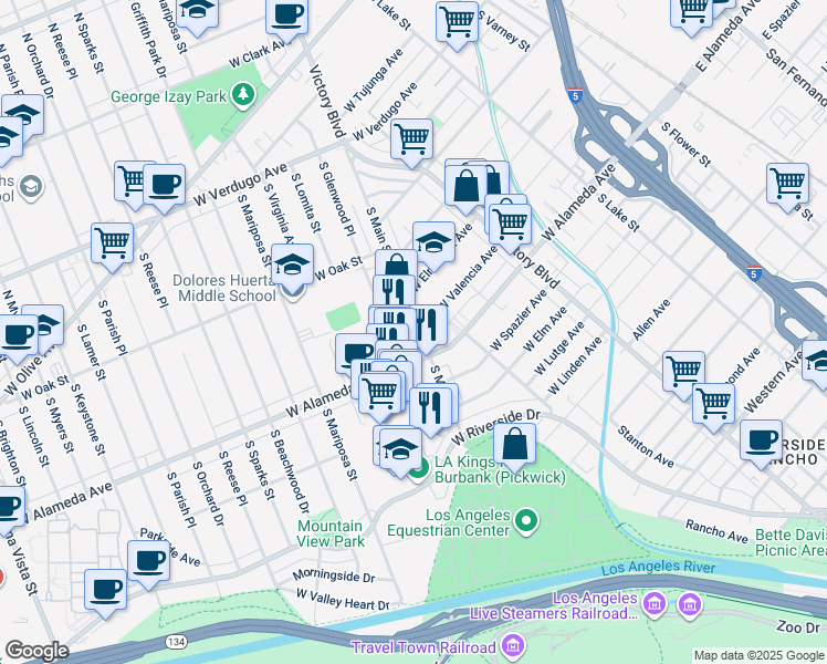 map of restaurants, bars, coffee shops, grocery stores, and more near 901 West Alameda Avenue in Burbank