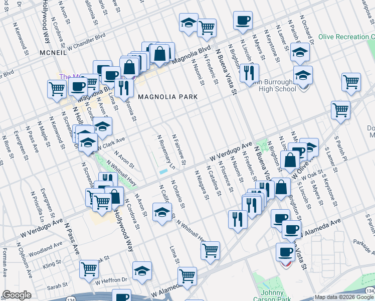 map of restaurants, bars, coffee shops, grocery stores, and more near 531 North Niagara Street in Burbank