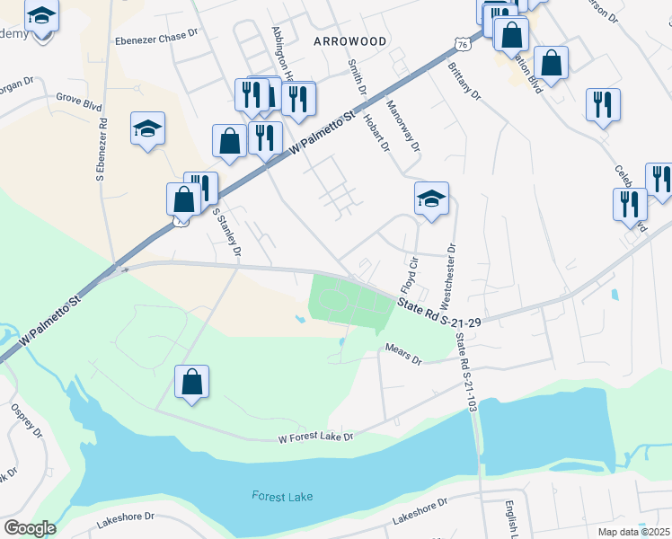 map of restaurants, bars, coffee shops, grocery stores, and more near 3308-3336 South Cashua Drive in Florence