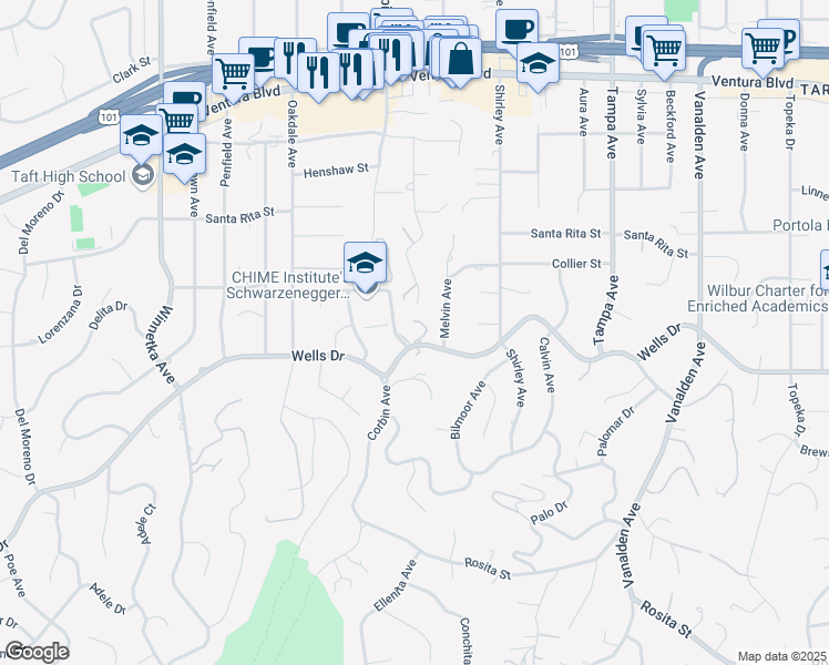 map of restaurants, bars, coffee shops, grocery stores, and more near 19621 Wells Drive in Los Angeles