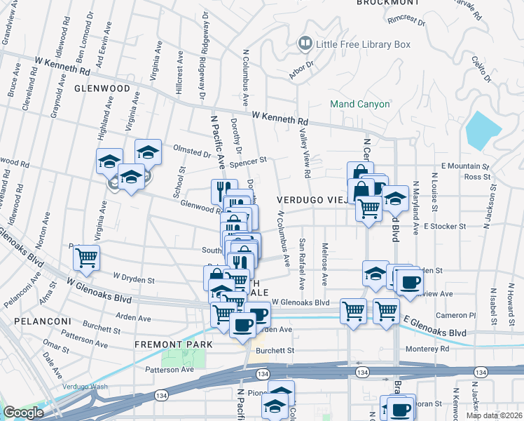 map of restaurants, bars, coffee shops, grocery stores, and more near 1230 Dorothy Drive in Glendale