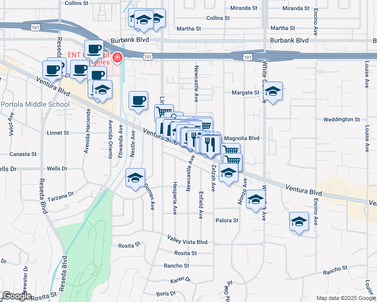 map of restaurants, bars, coffee shops, grocery stores, and more near 18019 Santa Rita Street in Los Angeles