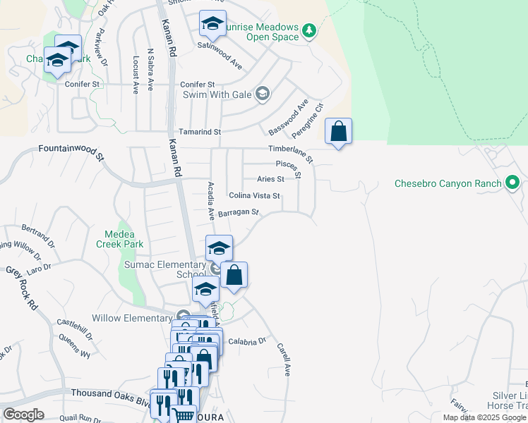 map of restaurants, bars, coffee shops, grocery stores, and more near 28801 Barragan Street in Agoura Hills