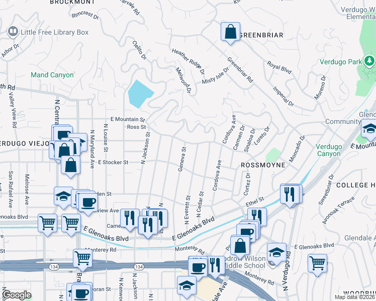 map of restaurants, bars, coffee shops, grocery stores, and more near 1226 North Everett Street in Glendale