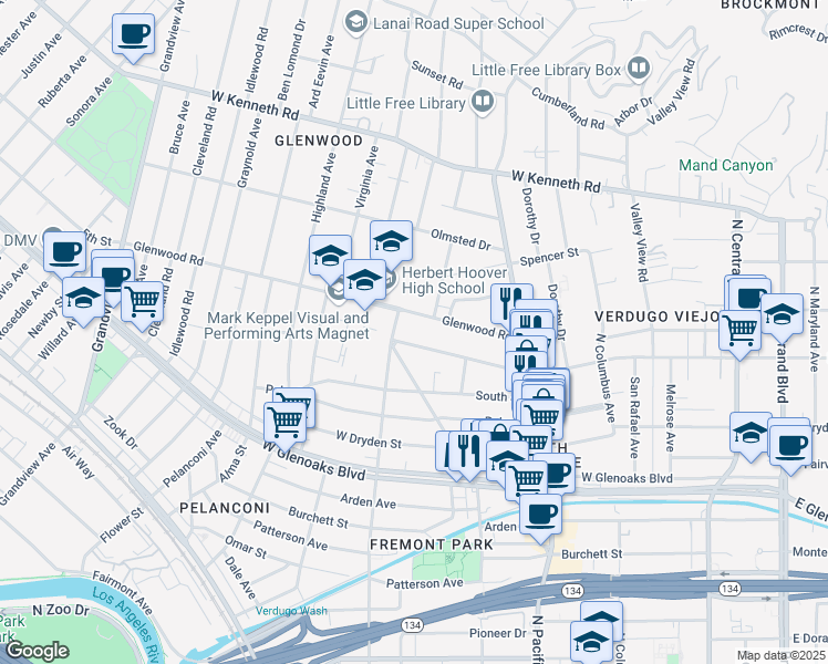 map of restaurants, bars, coffee shops, grocery stores, and more near 615 West Stocker Street in Glendale