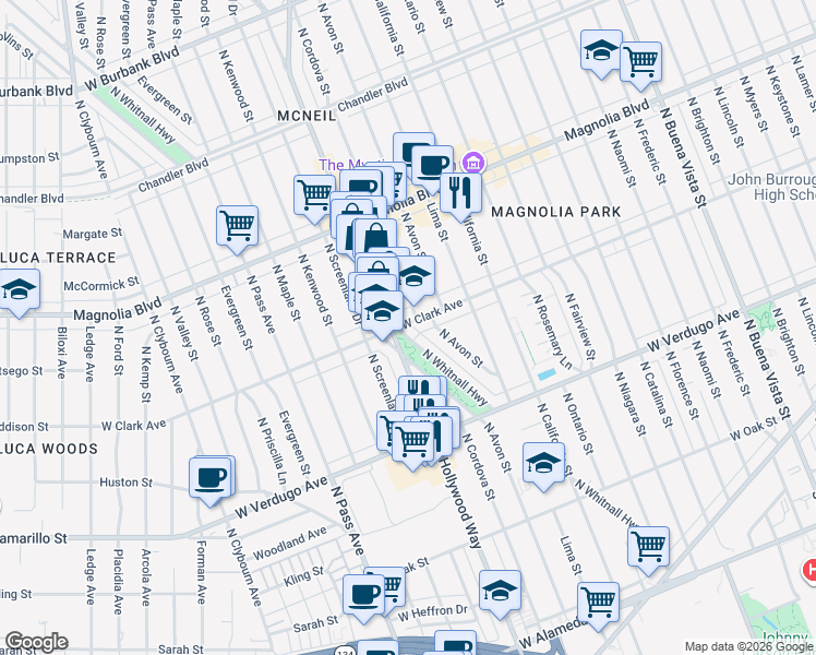 map of restaurants, bars, coffee shops, grocery stores, and more near 730 North Whitnall Highway in Burbank