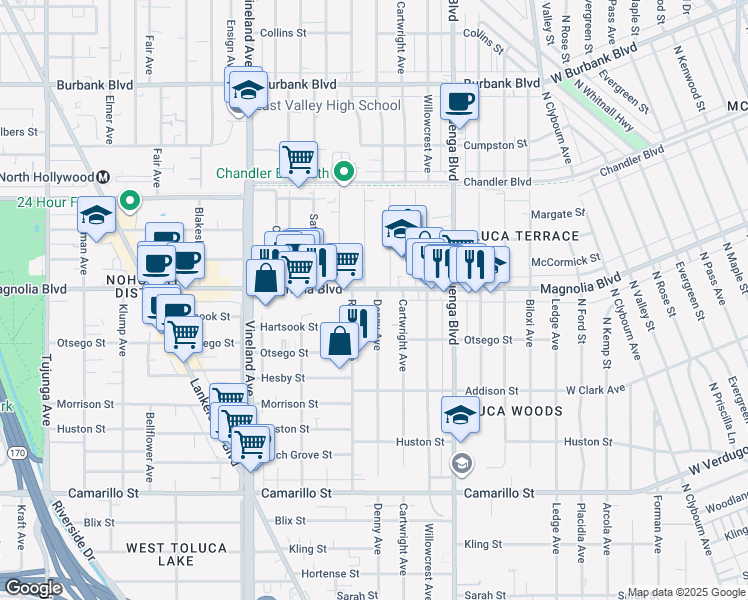 map of restaurants, bars, coffee shops, grocery stores, and more near 5147 Denny Avenue in Los Angeles