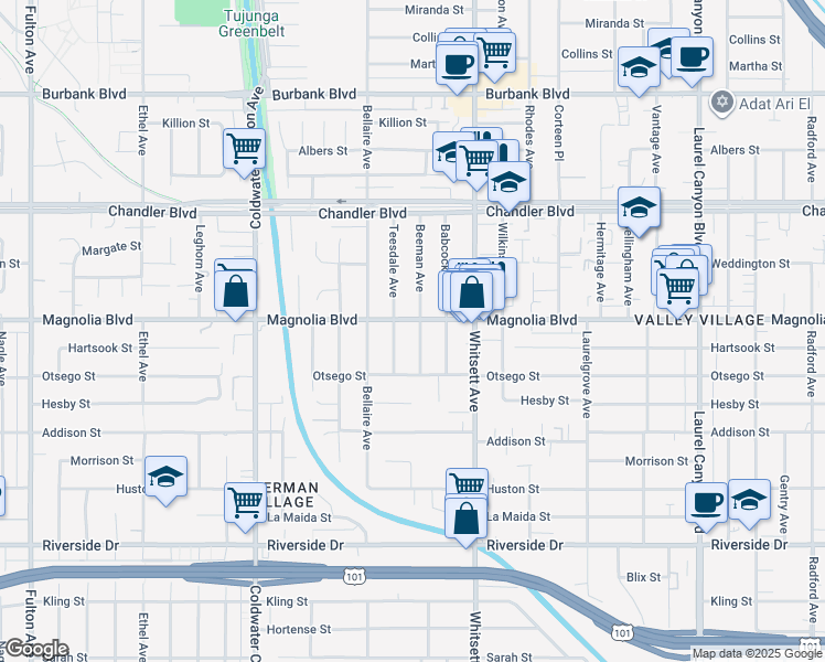 map of restaurants, bars, coffee shops, grocery stores, and more near 5122 Beeman Avenue in Los Angeles