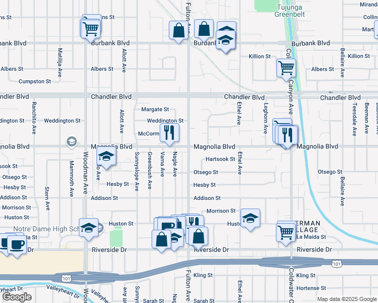 map of restaurants, bars, coffee shops, grocery stores, and more near 5128 Fulton Avenue in Los Angeles