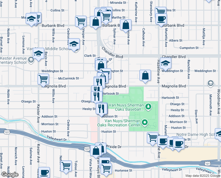map of restaurants, bars, coffee shops, grocery stores, and more near 14424 Magnolia Boulevard in Los Angeles