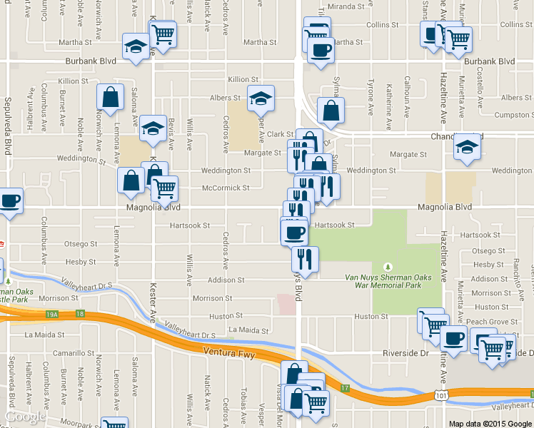 map of restaurants, bars, coffee shops, grocery stores, and more near 5132 Vesper Avenue in Los Angeles