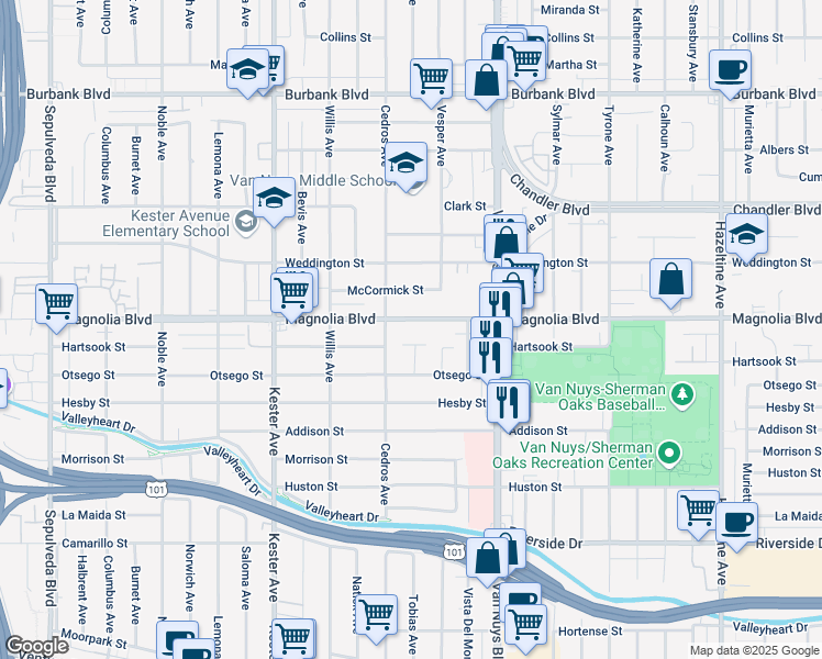 map of restaurants, bars, coffee shops, grocery stores, and more near 5128 Tobias Avenue in Los Angeles