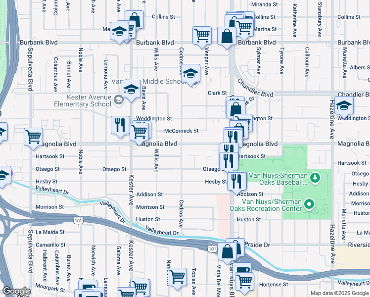 map of restaurants, bars, coffee shops, grocery stores, and more near 14709 Hartsook Street in Los Angeles