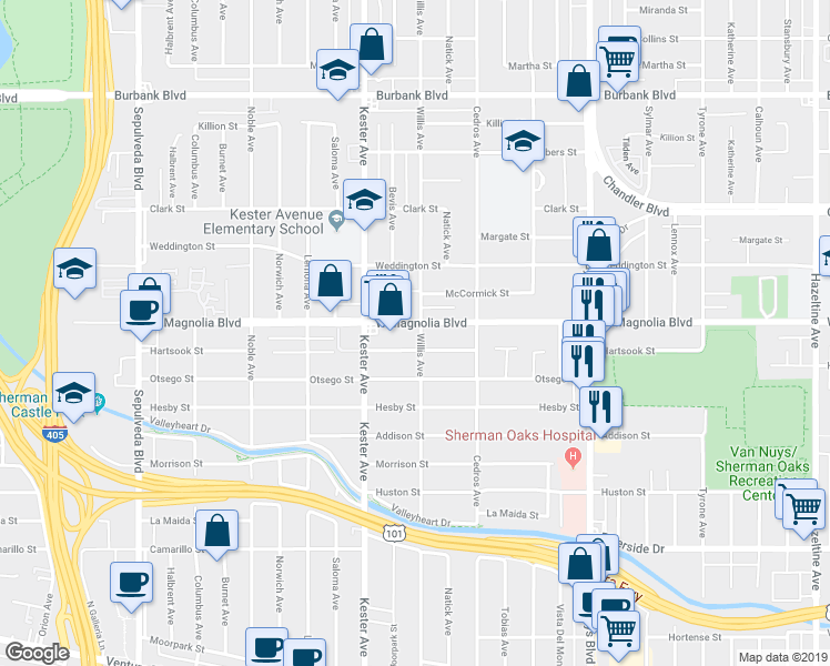 map of restaurants, bars, coffee shops, grocery stores, and more near 14753 Hartsook Street in Los Angeles