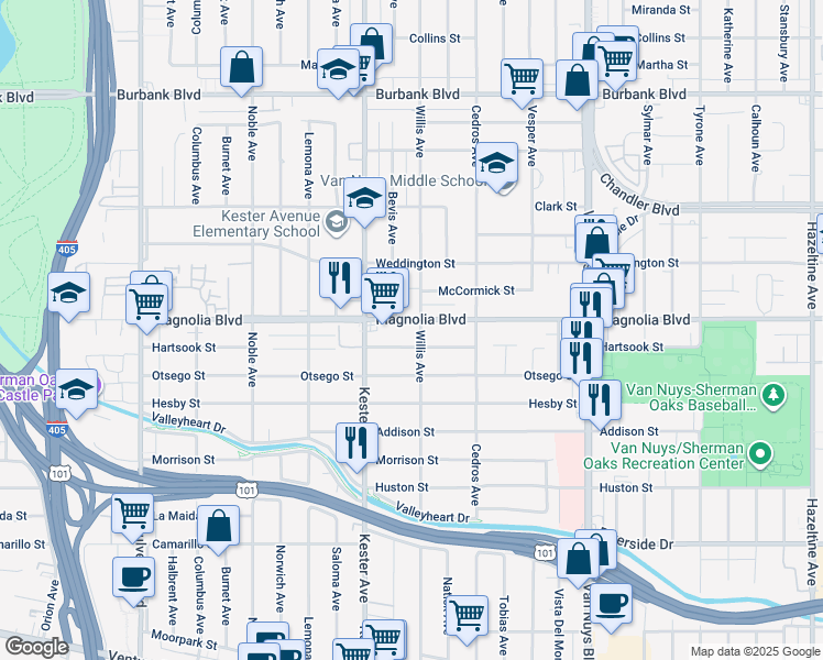 map of restaurants, bars, coffee shops, grocery stores, and more near 14753 Hartsook Street in Los Angeles