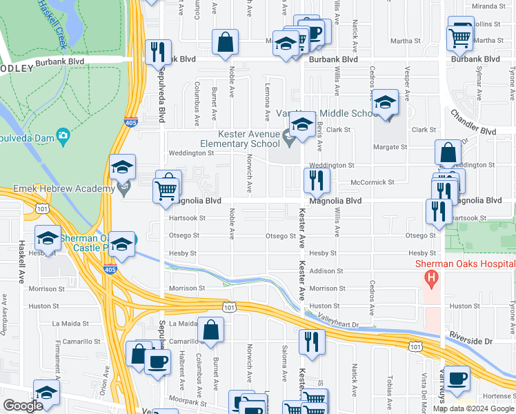 map of restaurants, bars, coffee shops, grocery stores, and more near 14955 Hartsook Street in Los Angeles