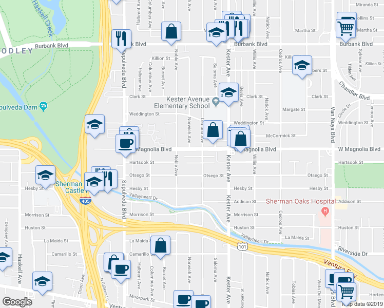 map of restaurants, bars, coffee shops, grocery stores, and more near 15039 Hartsook Street in Los Angeles