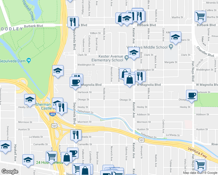 map of restaurants, bars, coffee shops, grocery stores, and more near 15039 Hartsook Street in Los Angeles