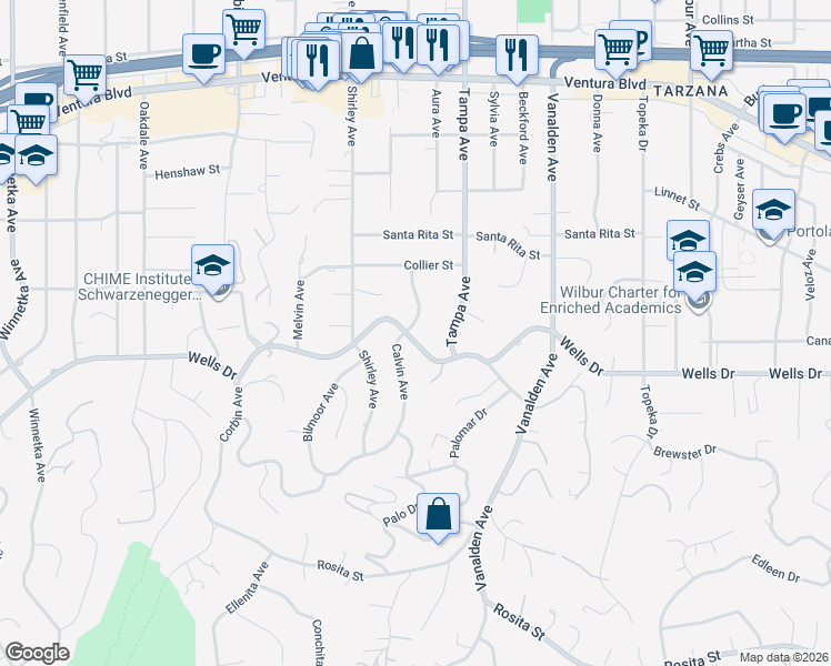 map of restaurants, bars, coffee shops, grocery stores, and more near 19358 Wells Drive in Los Angeles