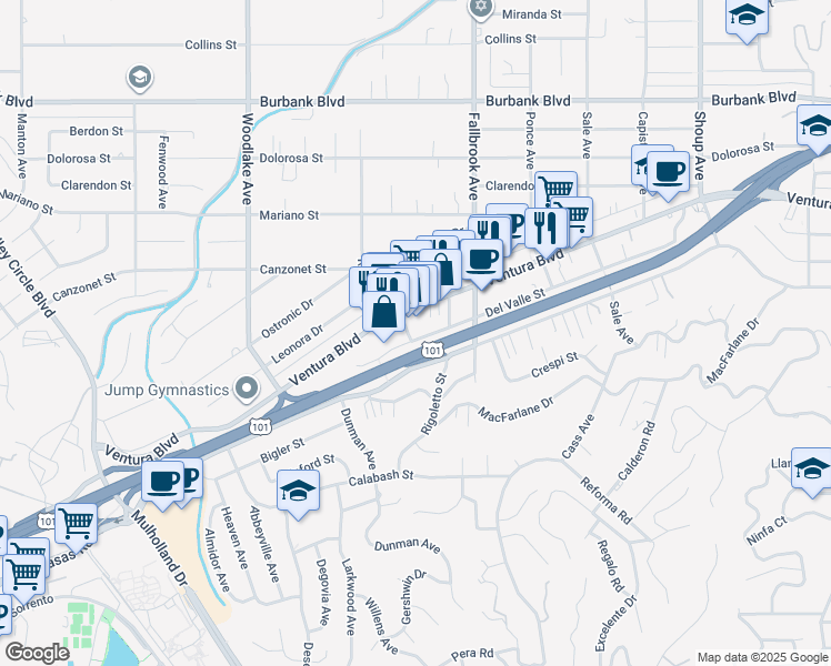 map of restaurants, bars, coffee shops, grocery stores, and more near 23001 Del Valle Street in Los Angeles