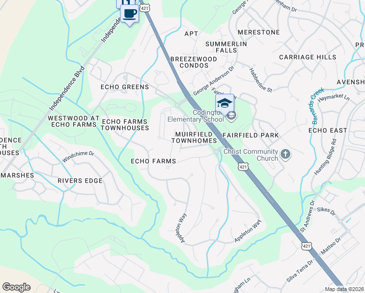 map of restaurants, bars, coffee shops, grocery stores, and more near Terrington Drive in Wilmington