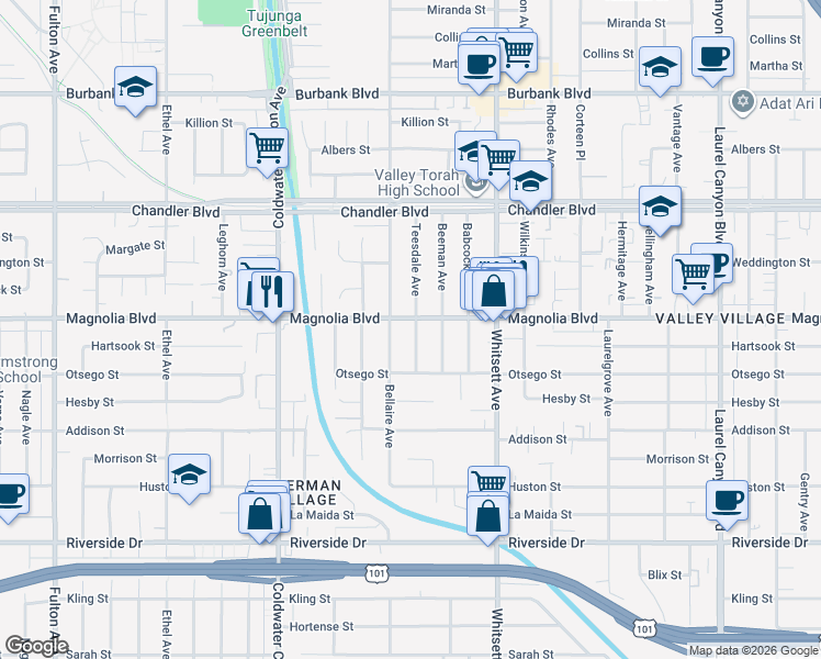 map of restaurants, bars, coffee shops, grocery stores, and more near 5151 Teesdale Avenue in Los Angeles