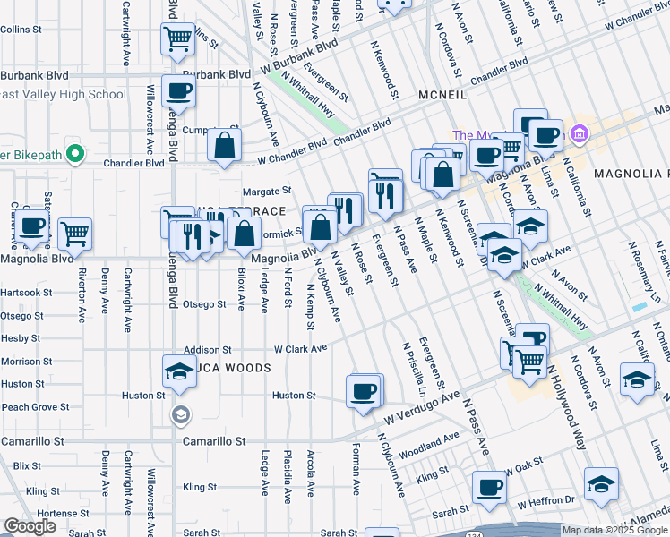 map of restaurants, bars, coffee shops, grocery stores, and more near 925 North Valley Street in Burbank