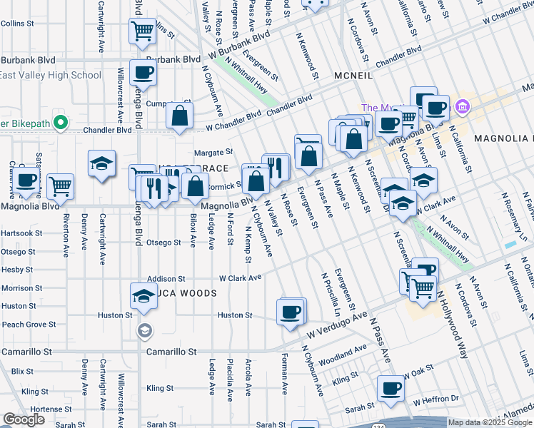 map of restaurants, bars, coffee shops, grocery stores, and more near 925 North Valley Street in Burbank