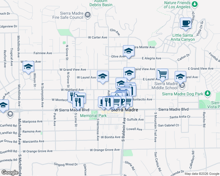 map of restaurants, bars, coffee shops, grocery stores, and more near 97 West Highland Avenue in Sierra Madre