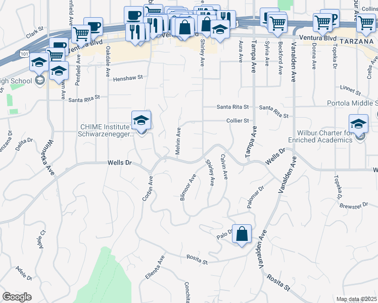 map of restaurants, bars, coffee shops, grocery stores, and more near 19532 Winifred Street in Los Angeles