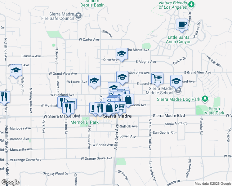 map of restaurants, bars, coffee shops, grocery stores, and more near 147 North Baldwin Avenue in Sierra Madre