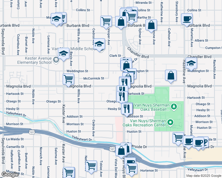 map of restaurants, bars, coffee shops, grocery stores, and more near 5132 Vesper Avenue in Los Angeles