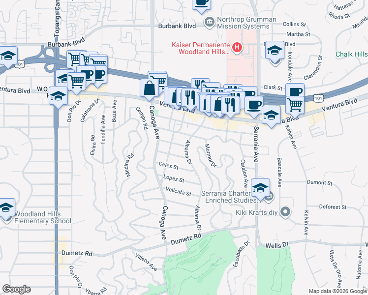 map of restaurants, bars, coffee shops, grocery stores, and more near 5223 Alhama Drive in Los Angeles