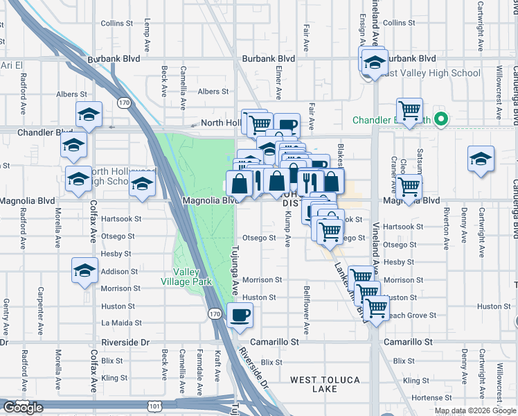 map of restaurants, bars, coffee shops, grocery stores, and more near 11300 West Magnolia Boulevard in Los Angeles