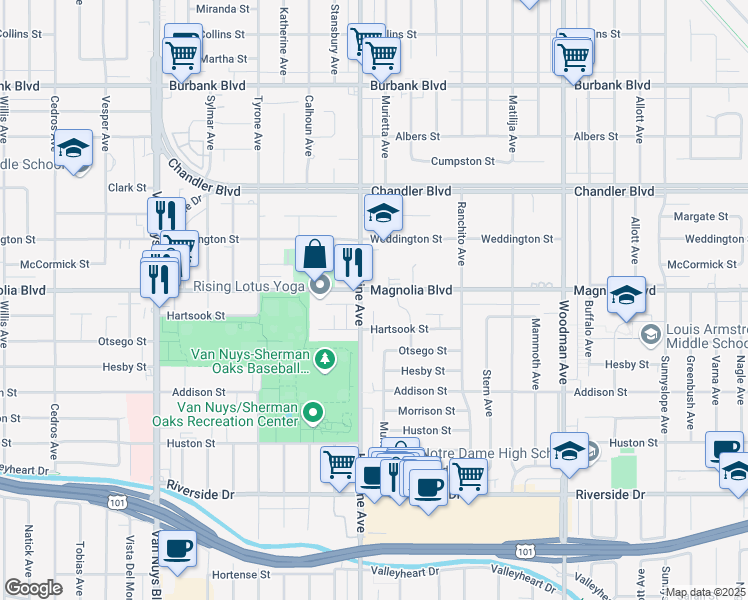 map of restaurants, bars, coffee shops, grocery stores, and more near 14050 Magnolia Boulevard in Los Angeles