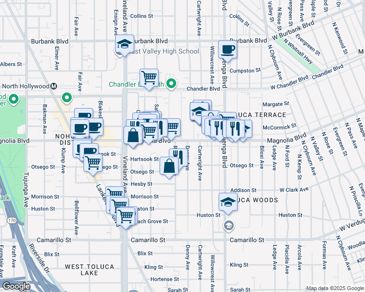 map of restaurants, bars, coffee shops, grocery stores, and more near 10746 Magnolia Boulevard in Los Angeles