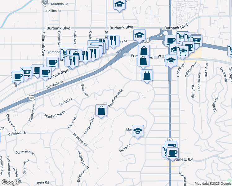map of restaurants, bars, coffee shops, grocery stores, and more near 22319 Macfarlane Drive in Los Angeles