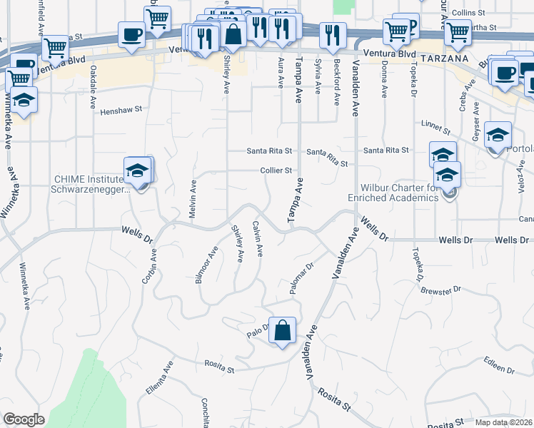 map of restaurants, bars, coffee shops, grocery stores, and more near 19358 Wells Drive in Los Angeles