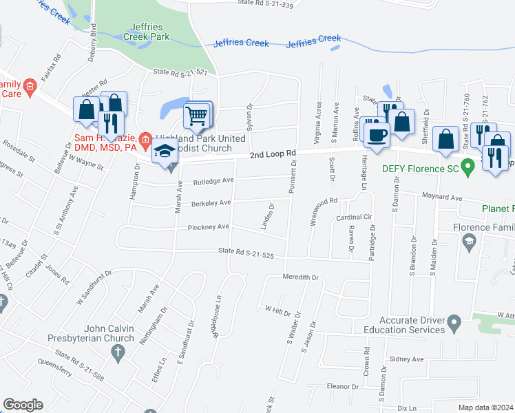 map of restaurants, bars, coffee shops, grocery stores, and more near 1160 Berkley Avenue in Florence