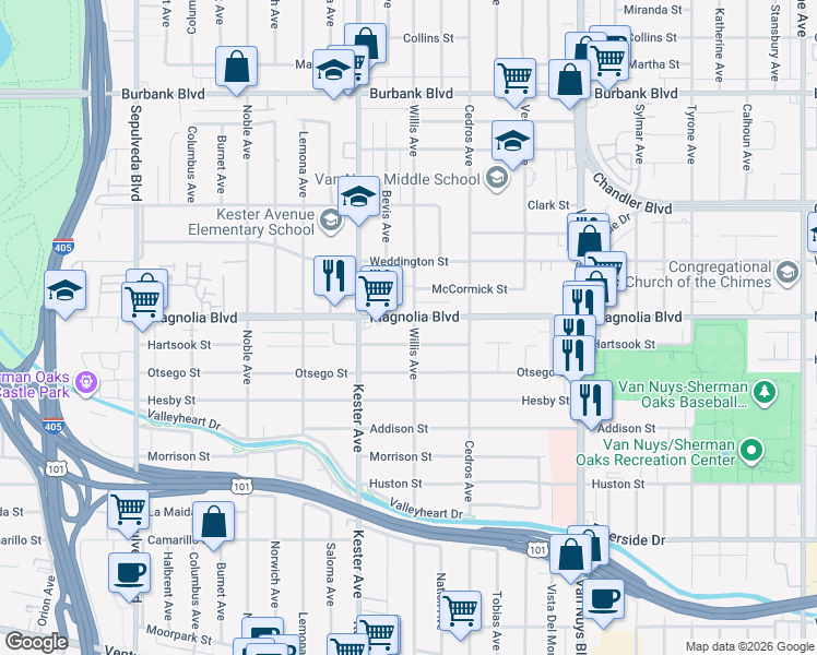 map of restaurants, bars, coffee shops, grocery stores, and more near 14753 Hartsook Street in Los Angeles