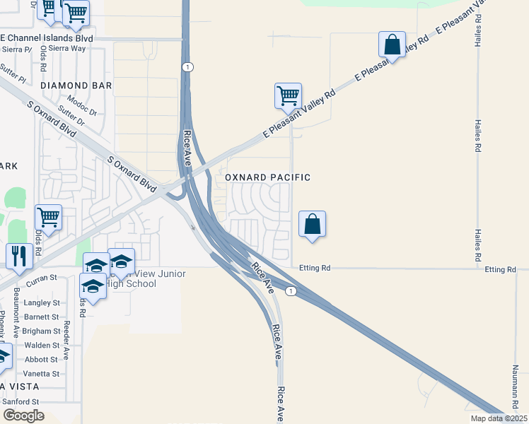 map of restaurants, bars, coffee shops, grocery stores, and more near in Oxnard