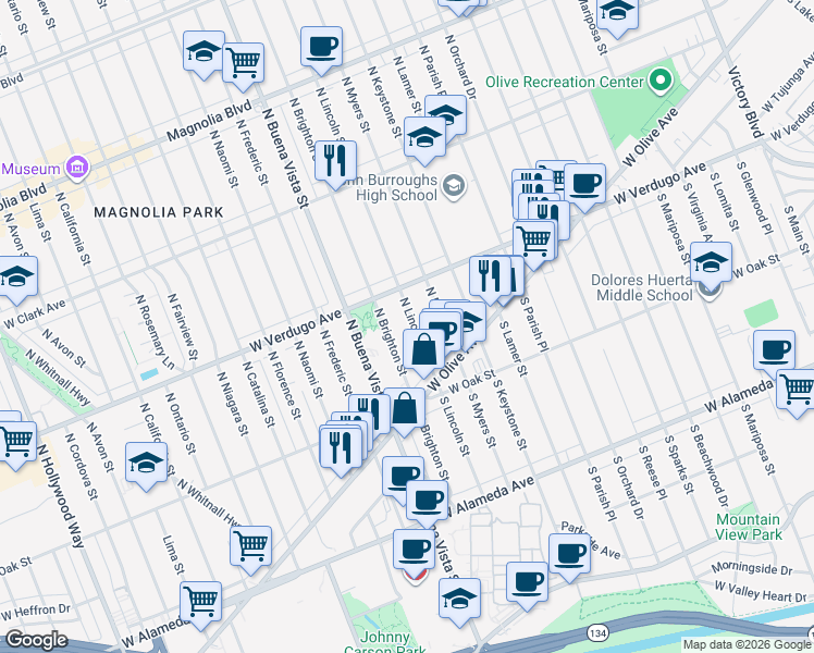 map of restaurants, bars, coffee shops, grocery stores, and more near 141 North Lincoln Street in Burbank