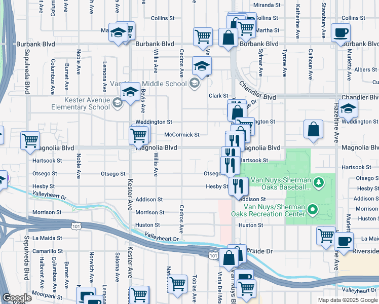 map of restaurants, bars, coffee shops, grocery stores, and more near 14634 Magnolia Boulevard in Los Angeles