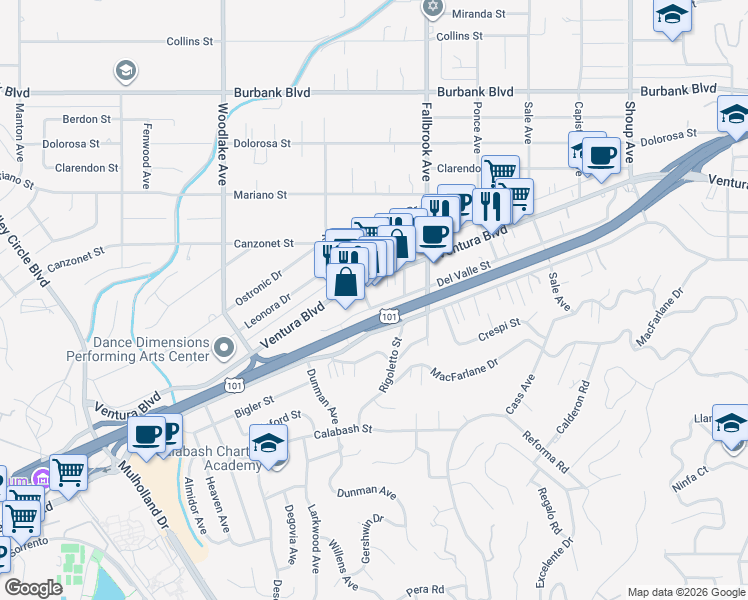 map of restaurants, bars, coffee shops, grocery stores, and more near 23001 Del Valle Street in Los Angeles