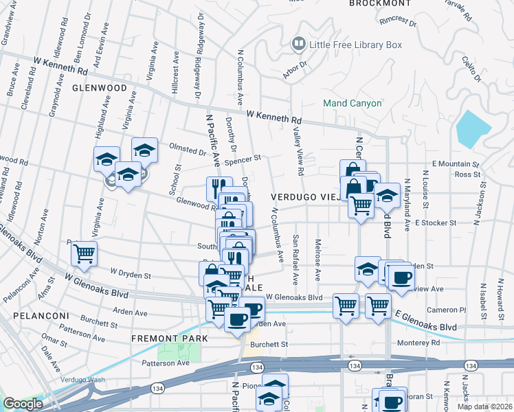 map of restaurants, bars, coffee shops, grocery stores, and more near 1230 Dorothy Drive in Glendale