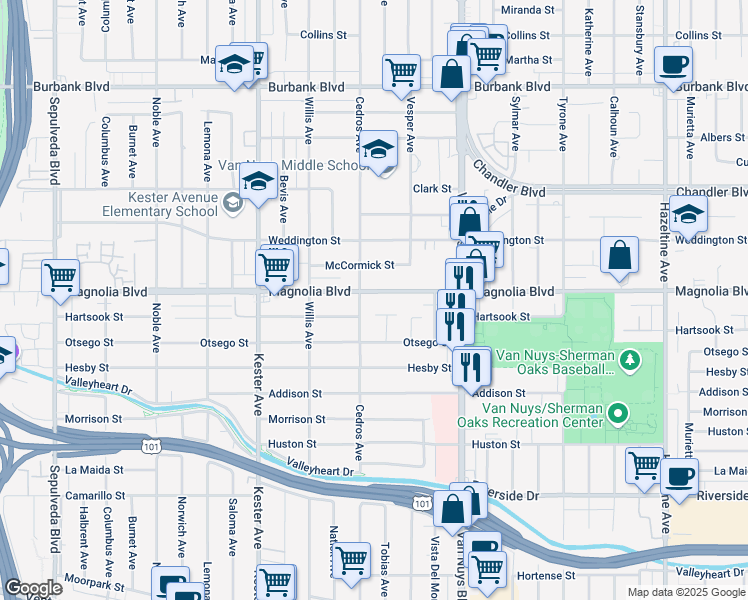 map of restaurants, bars, coffee shops, grocery stores, and more near 5128 Tobias Avenue in Los Angeles