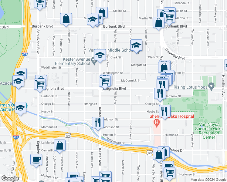 map of restaurants, bars, coffee shops, grocery stores, and more near 14804 Magnolia Boulevard in Los Angeles