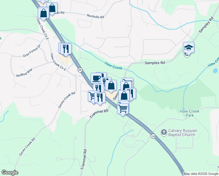 map of restaurants, bars, coffee shops, grocery stores, and more near 1655 Buford Highway in Cumming