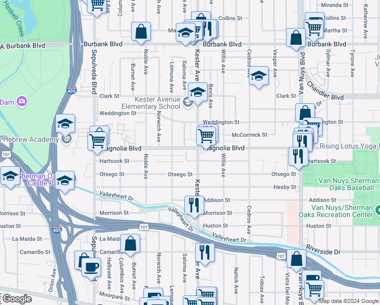 map of restaurants, bars, coffee shops, grocery stores, and more near 14900 West Magnolia Boulevard in Los Angeles